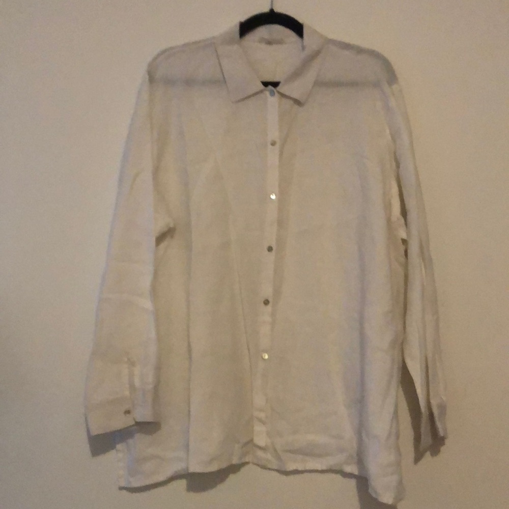New Eileen Fisher 100% Irish linen semi sheer boxy relaxed fit button down shirt